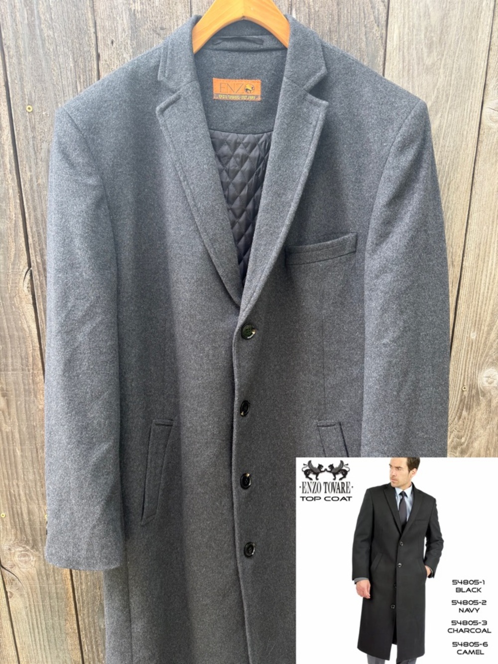 Enzo Tovare Wool Cashmere Blend Topcoat Gray Overcoat Notch Lapel Size 46 Lined